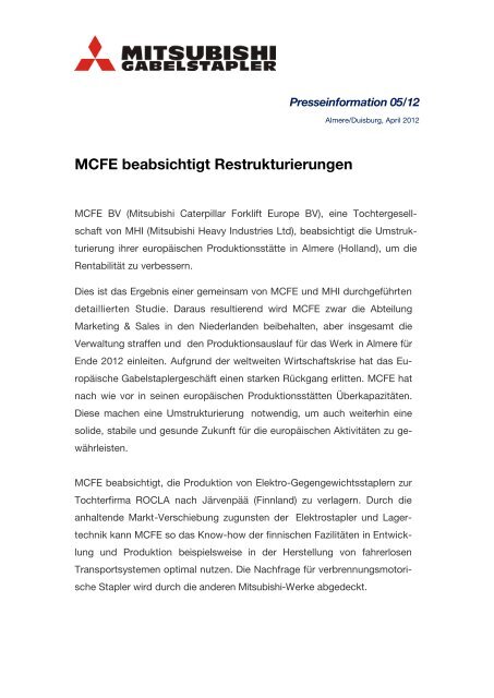 MCFE beabsichtigt Restrukturierungen - Mitsubishi Gabelstapler