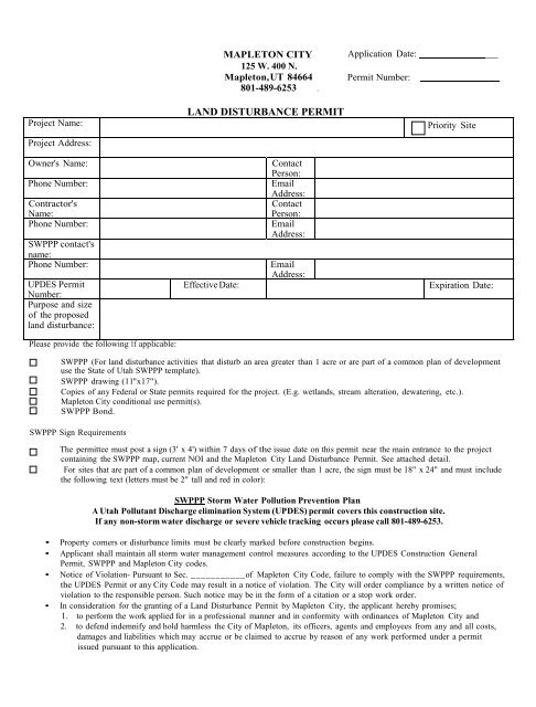 LAND DISTURBANCE PERMIT - City of Mapleton