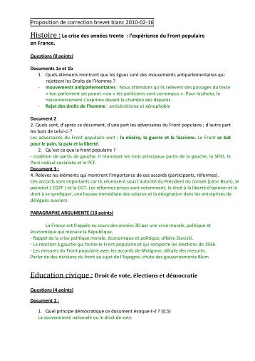 Proposition de correction brevet blanc 2010-‐02-‐16 Histoire : La ...