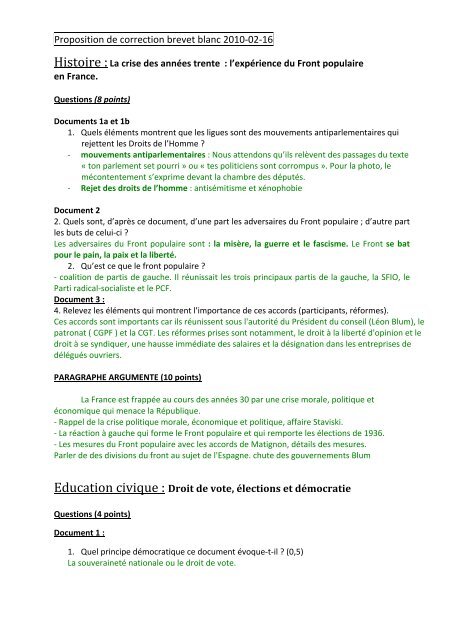 Proposition de correction brevet blanc 2010-‐02-‐16 Histoire : La ...