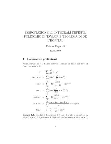 esercitazione 10: integrali definiti, polinomio di taylor e teorema di ...
