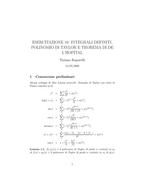 esercitazione 10: integrali definiti, polinomio di taylor e teorema di ...