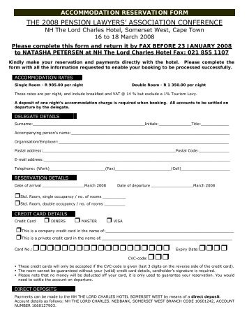 Hotel Booking Form - Pension Lawyers Association of South Africa