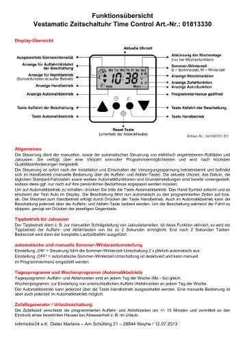 FunktionsÃ¼bersicht Vestamatic Zeitschaltuhr Time ... - rohrmotor24