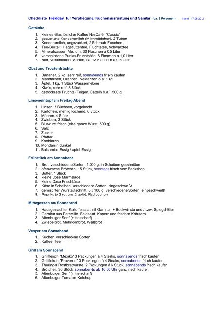 Checkliste Fieldday für Verpflegung, Küchenausrüstung und Sanitär