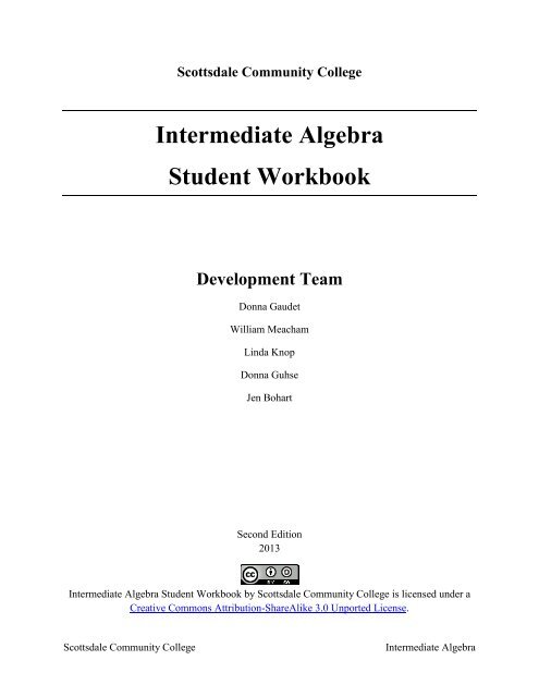 Intermediate Algebra – Student Workbook – Second Edition 2013