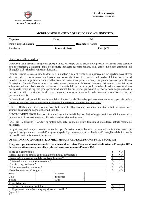 Scarica il modulo di consenso informato per la risonanza magnetica ...