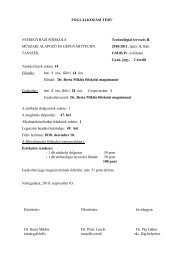 FOGLALKOZÁSI TERV NYÍREGYHÁZI FŐISKOLA Technológiai ...