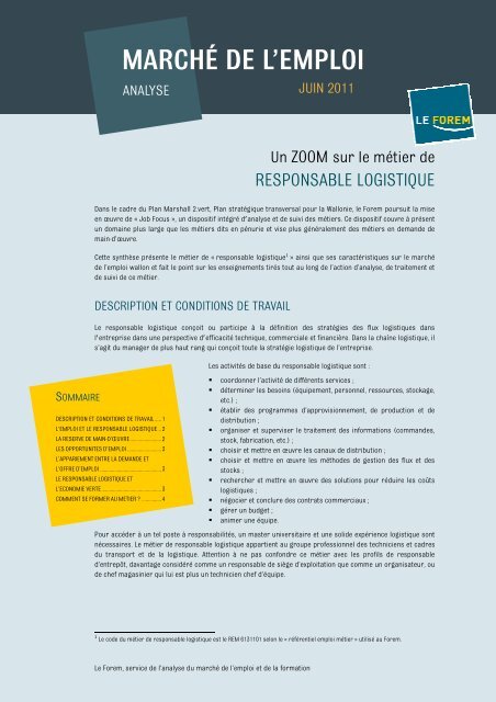 Responsable logistique - Le Forem