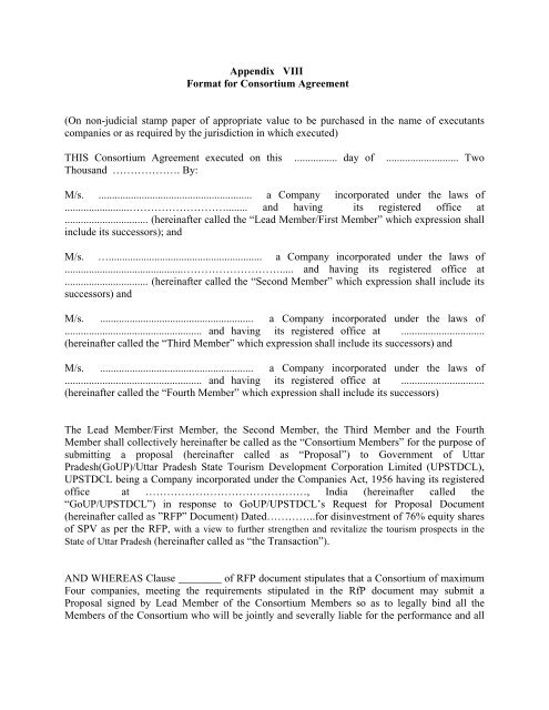 Format for Consortium Agreement - Uttar Pradesh Tourism