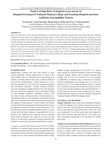 Nasal Carriage Rate of Staphylococcus aureus in Hospital ...