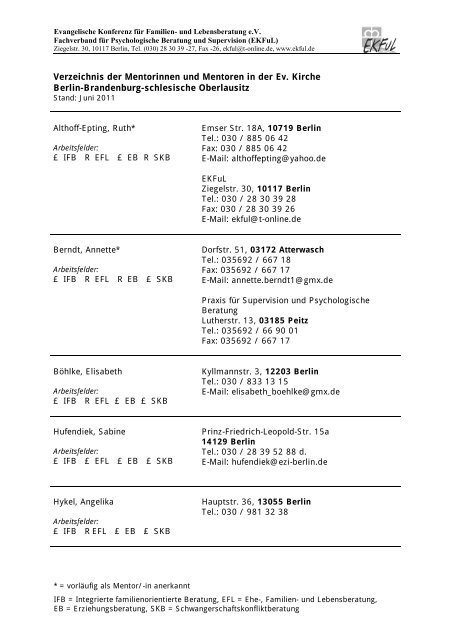 Verzeichnis der Mentorinnen und Mentoren in der Ev ... - EKFuL