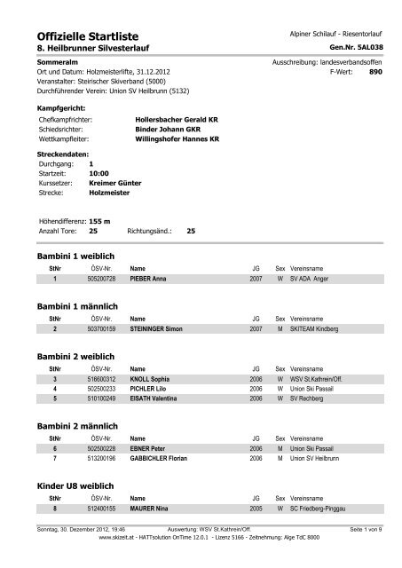 Startliste 8. Heilbrunner Silvesterlauf - WSV St. Kathrein
