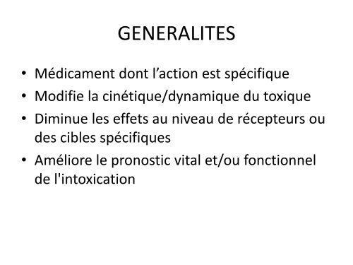 Principaux antidotes utilisés en toxicologie