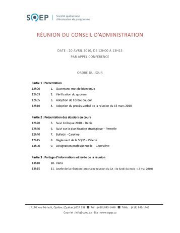 Ordre du jour et ProcÃ¨s-verbal de la rÃ©union du 20 avril 2010
