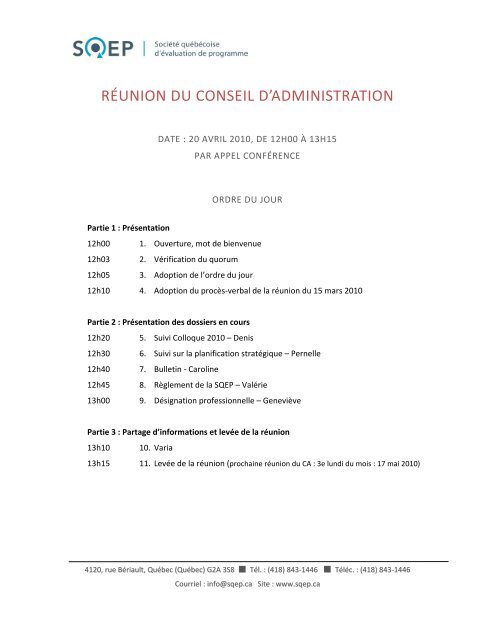 Ordre du jour et ProcÃ¨s-verbal de la rÃ©union du 20 avril 2010