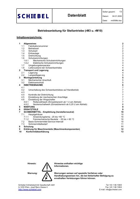 Datenblatt - SCHIEBEL