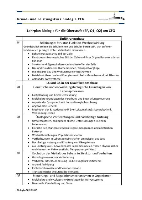 Lehrplan Biologie fÃ¼r die Oberstufe (EF, Q1, Q2) am CFG