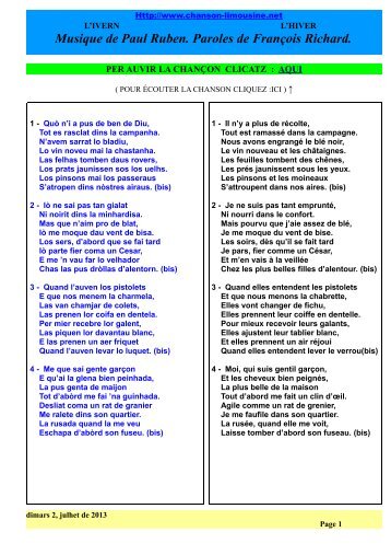 Musique de Martial du Treuil. Paroles de Frances. - Chanson ...