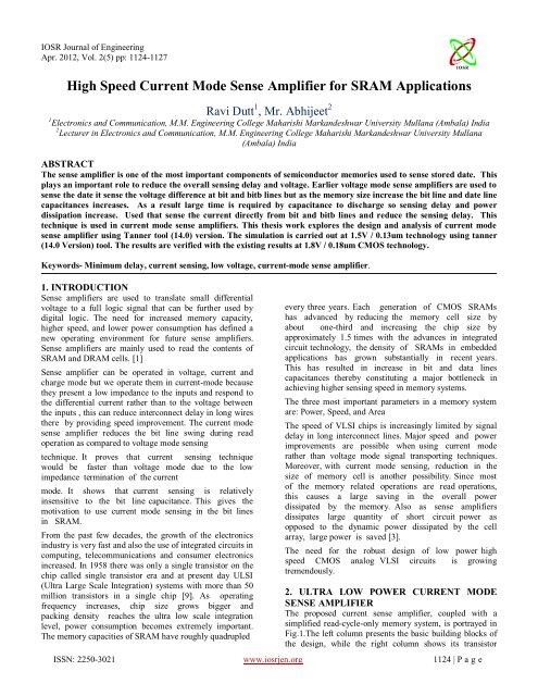 High Speed Current Mode Sense Amplifier for SRAM ... - IOSRJEN