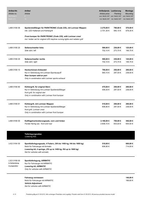 Preisliste Lorinser ML-Klasse (W166) Pricelist Lorinser ML-Class ...