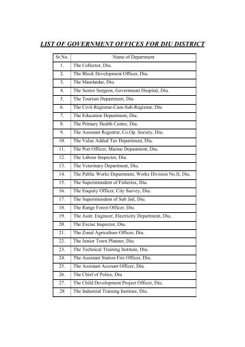 LIST OF GOVERNMENT OFFICES FOR DIU DISTRICT - Daman