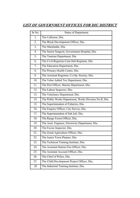 List Of Government Offices For Diu District - Daman