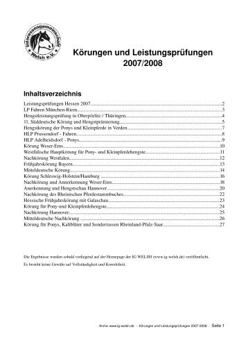 Körungen und Leistungsprüfungen 2007/2008 - IG Welsh