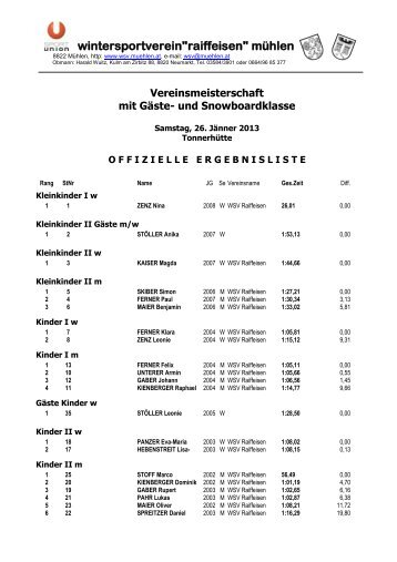 Ergebnisliste Vereinsmeisterschaft - WSV MÃ¼hlen