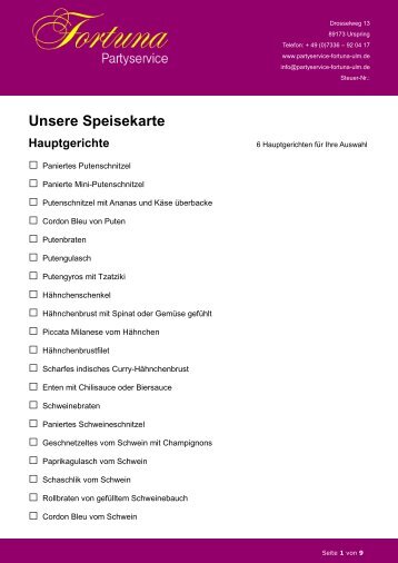 Speise Karte ausdrucken - Partyservice Fortuna Ulm