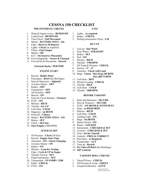 CESSNA 150 CHECKLIST - Rockcliffe Flying Club