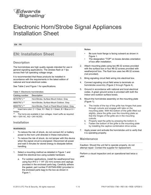 Electronic Horn/Strobe Signal Appliances Installation Sheet