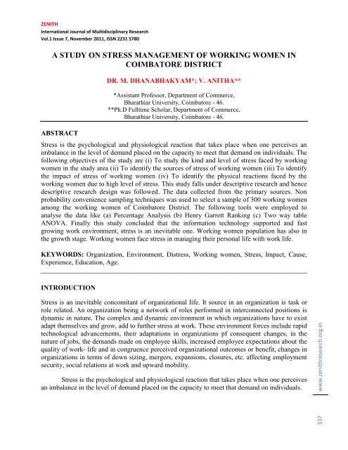 a study on stress management of working women in coimbatore district
