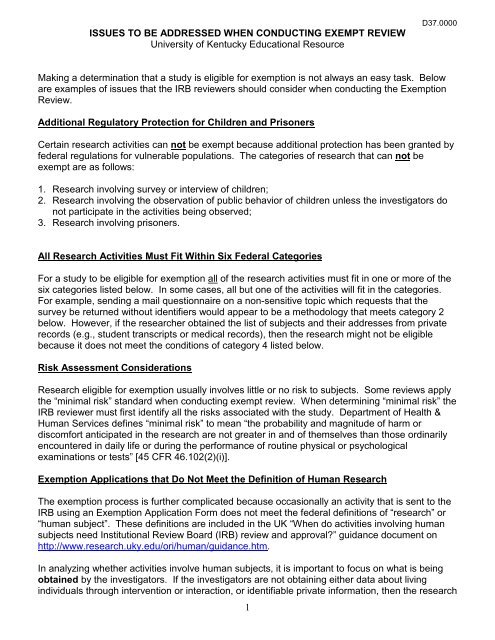 issues to be addressed when conducting exempt review - Research