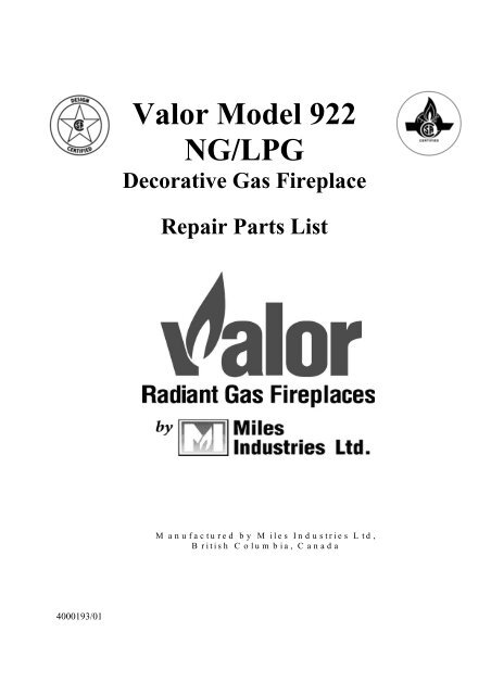 Valor Model 922 Ng Lpg Decorative Gas Fireplace Repair Parts List