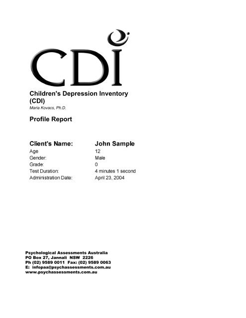 Children's Depression Inventory (CDI) Profile Report - Psychological ...