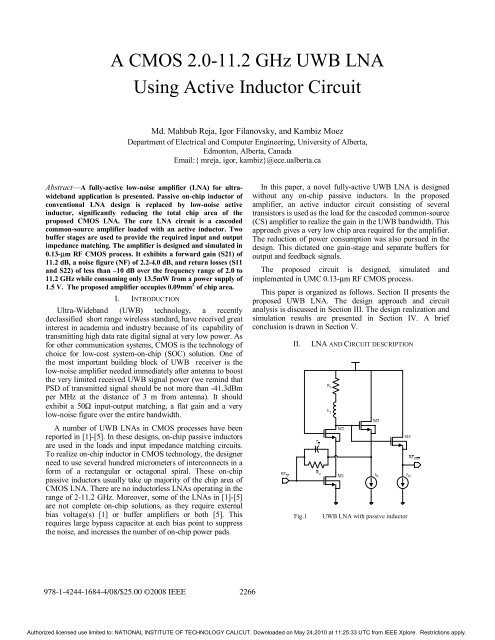 A CMOS 2.0-11.2 GHz UWB LNA using Active Inductor Circuit - The ...