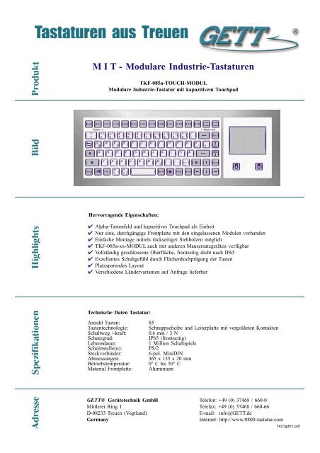 M I T - Modulare Industrie-Tastaturen - GETT Gerätetechnik GmbH