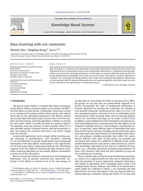 Data clustering with size constraints - Florida International University