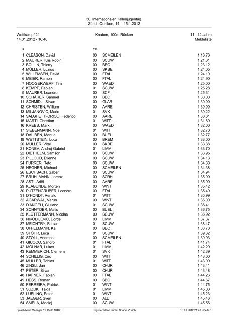 30. Internationaler Hallenjugentag Zürich Oerlikon, 14. - 15.1.2012 ...