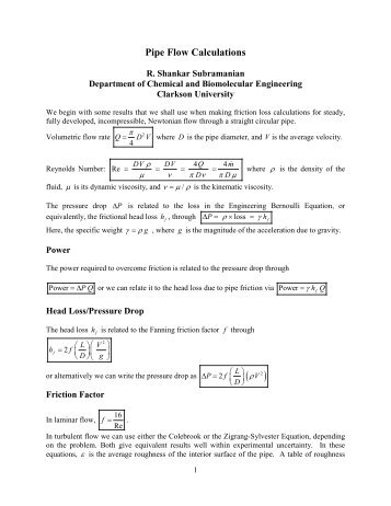 Pipe Flow Calculations - Clarkson University