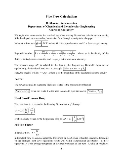 Pipe Flow Calculations - Clarkson University