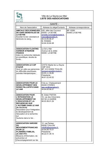 Ville de La Seyne-sur-Mer LISTE DES ASSOCIATIONS - SANTÉ -