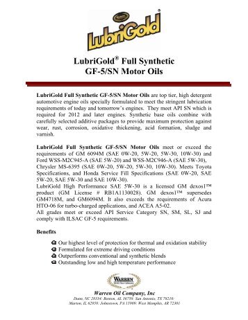 LubriGold Full Synthetic GF-5/SN Motor Oils - Warren Oil Company ...