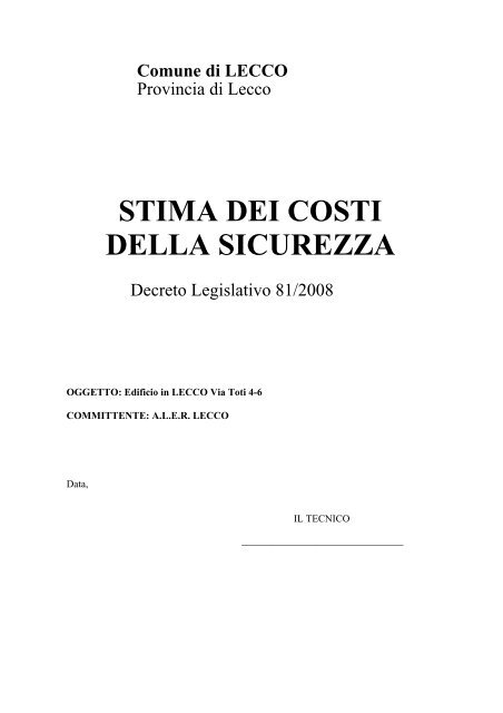 STIMA DEI COSTI DELLA SICUREZZA - Aler Lecco