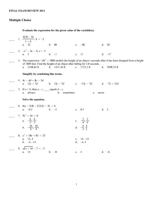 ExamView - FINAL EXAM REVIEW 2011.tst