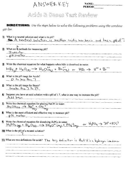 General Chemistry Acids and Bases Review sheet answer key
