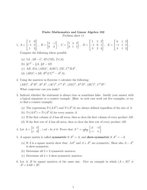 Finite Mathematics and Linear Algebra 102 Problem sheet 11 ... - DCU