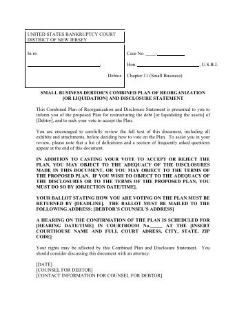 Chapter 11 Small Business Combined Plan Of Reorganization And