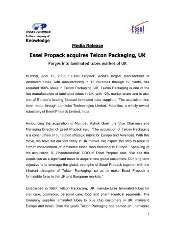 Essel Propack acquires Telcon Packaging, UK